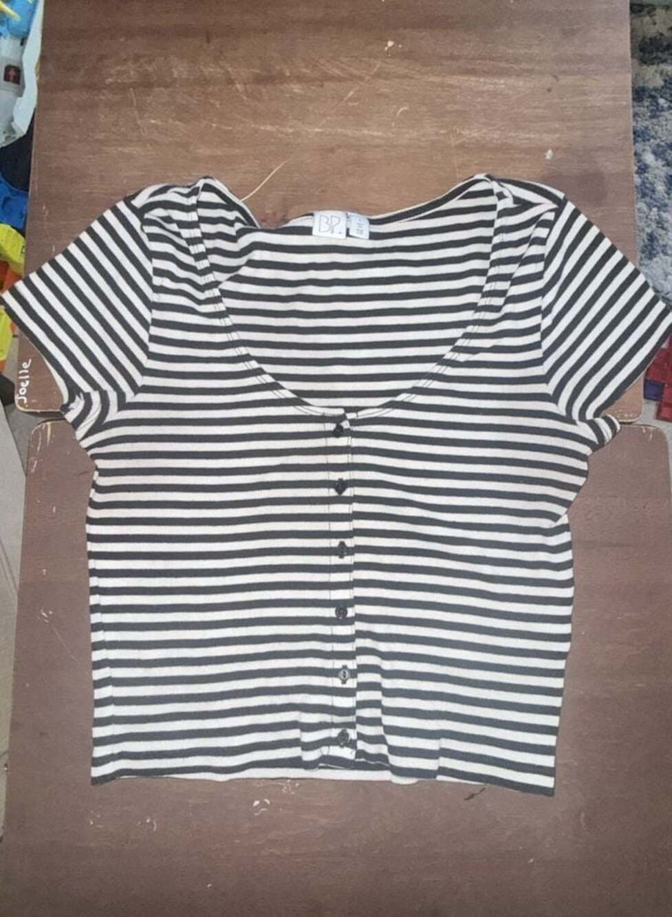 BP. Black and White Striped Button-Front V-Neck Cropped Tee Size L